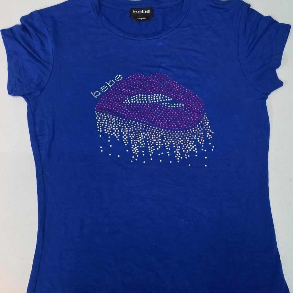 Blue rhinestone lips t shirt womens